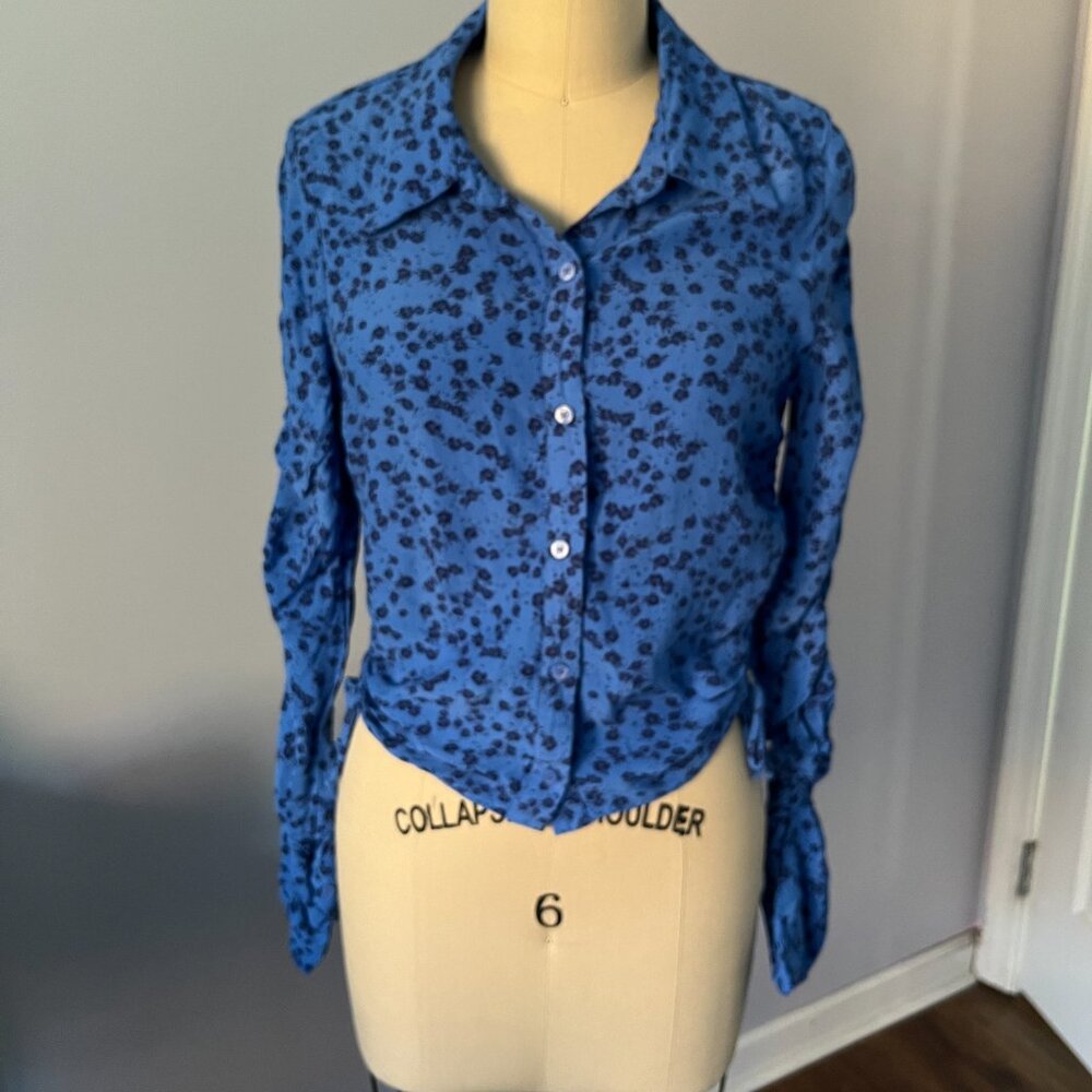 ZARA Women's Floral Long Sleeve Lapel Shirt Ruched Button Up Elastic Sleeve M